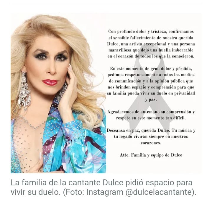 Fallece Dulce, “La Cantante” este 25 de diciembre, a los 69 años