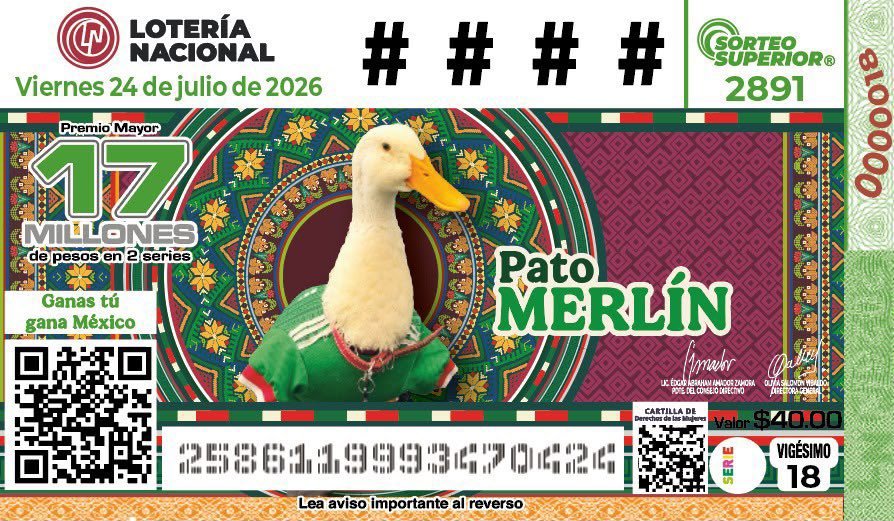 El Pato Merlín, ícono de la afición en el Mundial 2026, ya tiene su billete conmemorativo de la Lotería Nacional