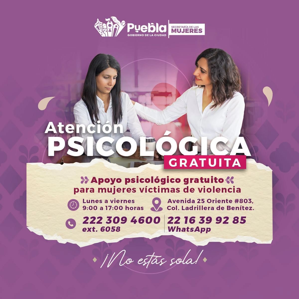 Gobierno de Pepe Chedraui acerca atención psicológica y asesoría jurídica gratuita a las mujeres de Puebla